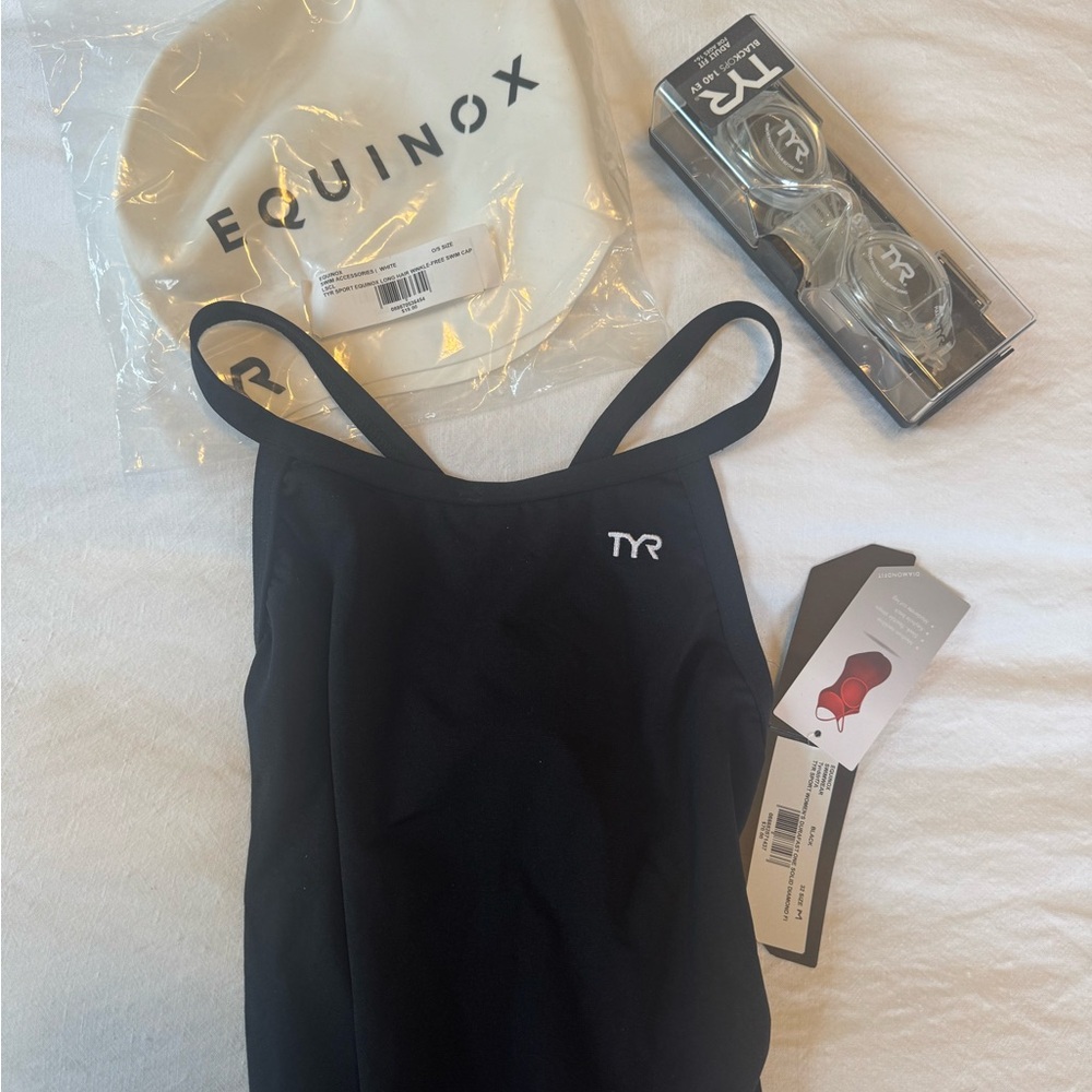 *Never Used* TYR Black Swimsuit + TYR Adult Goggles + White Equinox Swim Cap